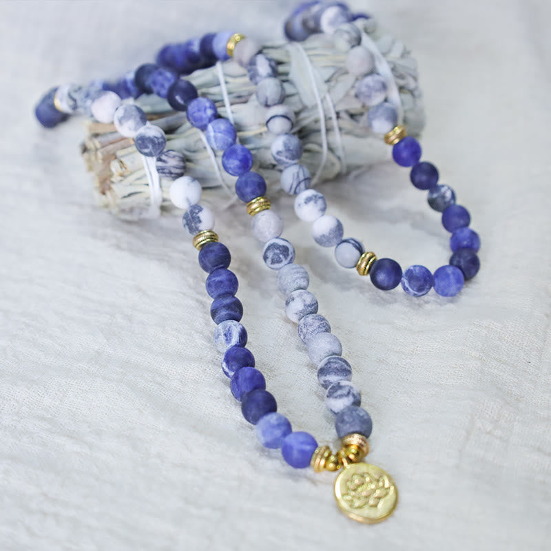 Fortune Jewel 108 Natural Picasso Jasper & Blue Stone Mala Bead Lotus Pendant Bracelet