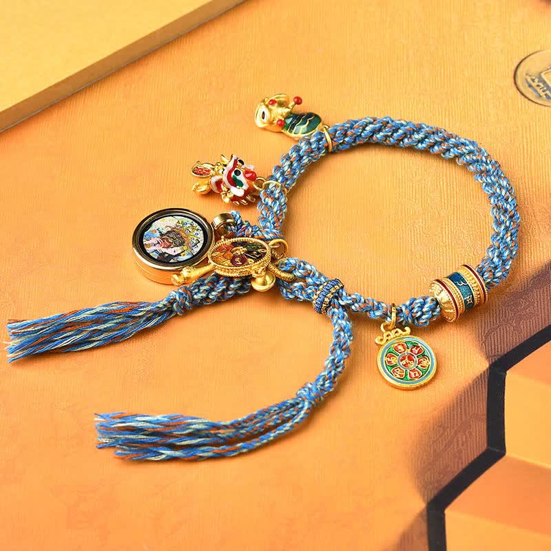 Fortune Jewel Tibetan Zakiram Goddess of Wealth Thangka Luck Prayer Wheel Braid String Bracelet