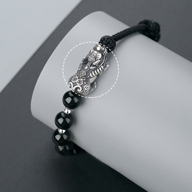 Fortune Jewel 999 Sterling Silver FengShui PiXiu Natural Black Obsidian 925 Sterling Silver Bead Strength Bracelet