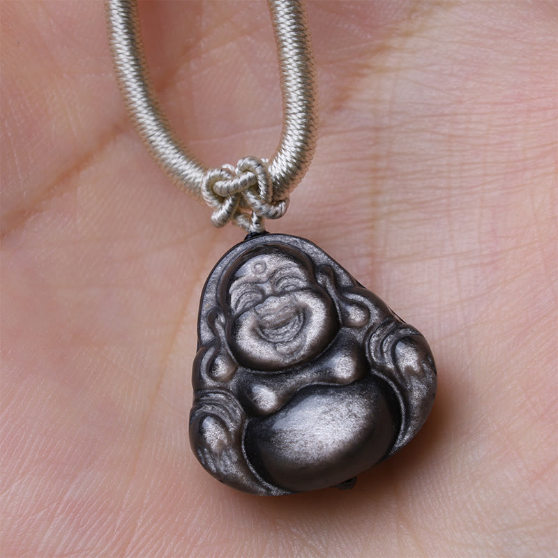 Fortune Jewel Natural Silver Sheen Obsidian Laughing Buddha Protection Necklace Pendant