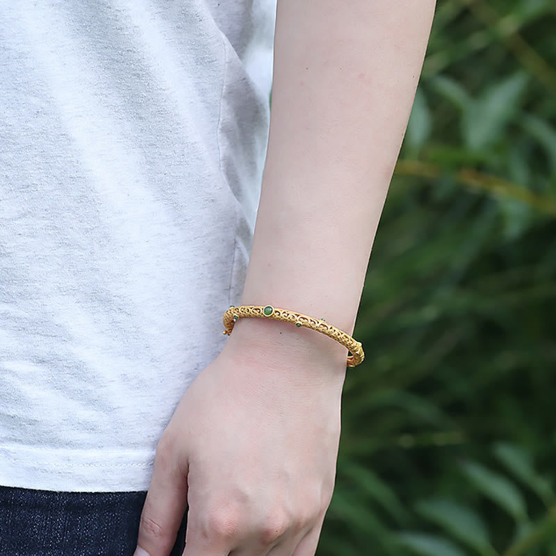 Fortune Jewel Cyan Jade Copper Auspicious Clouds Calm Healing Bracelet Bangle