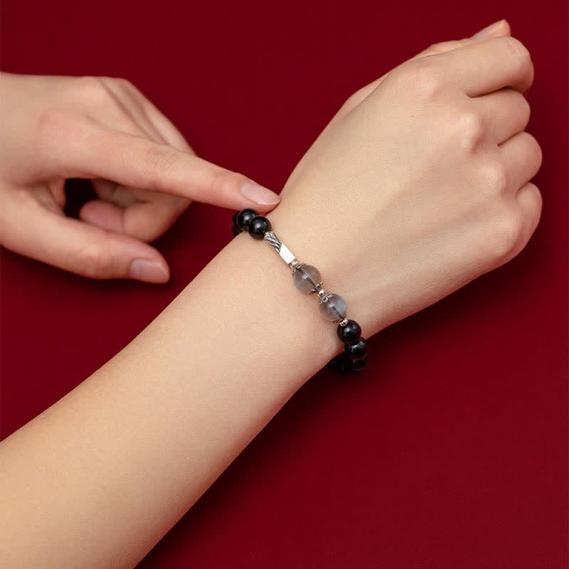 Fortune Jewel 925 Sterling Silver Obsidian Moonstone Strength Couple Bracelet