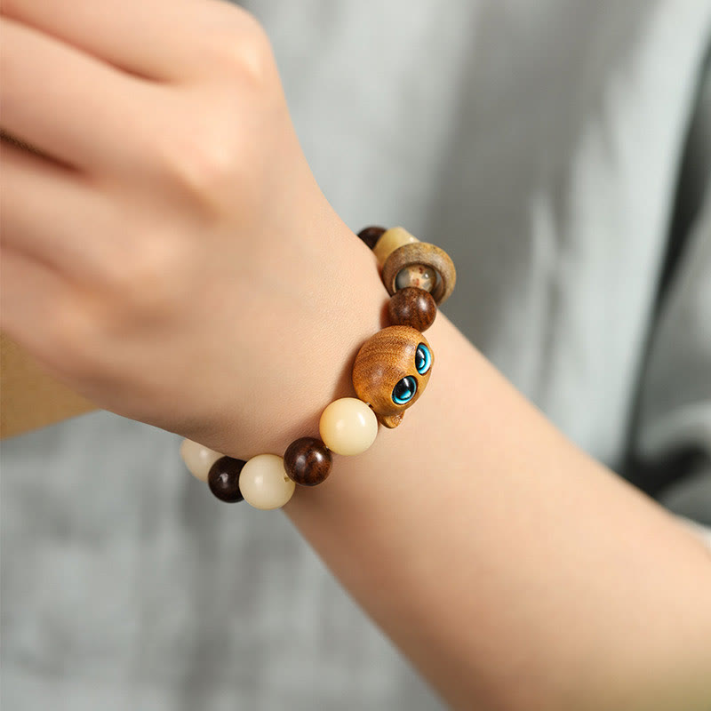 Fortune Jewel Natural Bodhi Seed Sandalwood Lucky Cute Cat Head Paw Claw Peace Bracelet