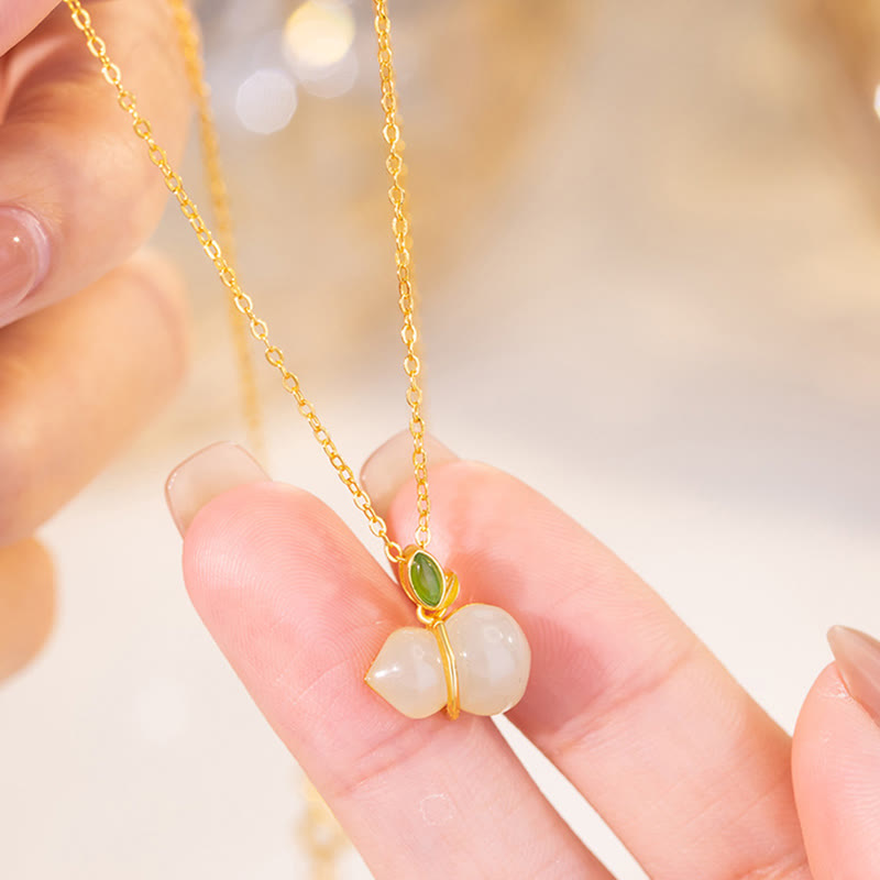 Fortune Jewel 925 Sterling Silver Hetian Jade Gourd Abundance Necklace Pendant