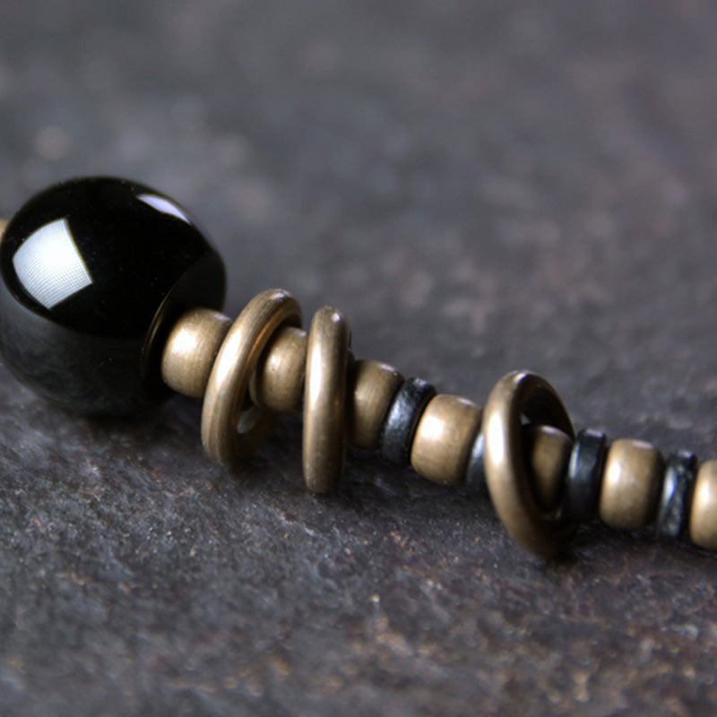 Fortune Jewel Ebony Wood Dzi Bead Copper Peace Couple Bracelet Necklace Pendant