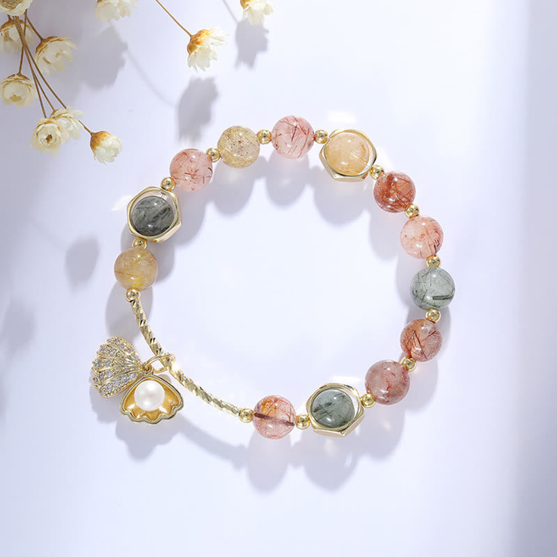 Fortune Jewel Natural Colorful Rutilated Quartz Shell Protection Bead Bracelet