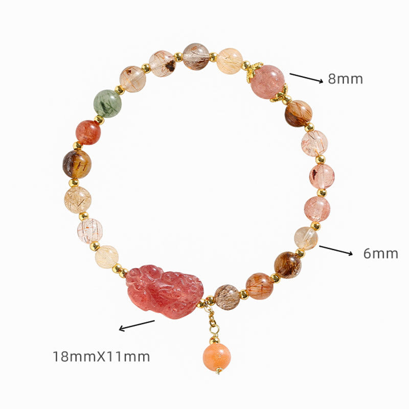 Fortune Jewel Natural Rutilated Quartz Strawberry Quartz PiXiu Wealth Bracelet