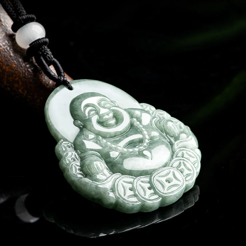 Fortune Jewel Laughing Buddha Natural Jade Copper Coin Abundance Necklace Pendant Fortune Jewel