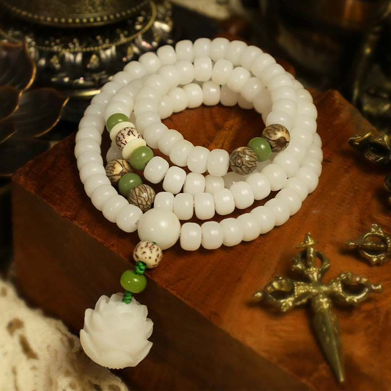 Fortune Jewel White Jade Bodhi Lotus Mala Harmony Necklace Bracelet