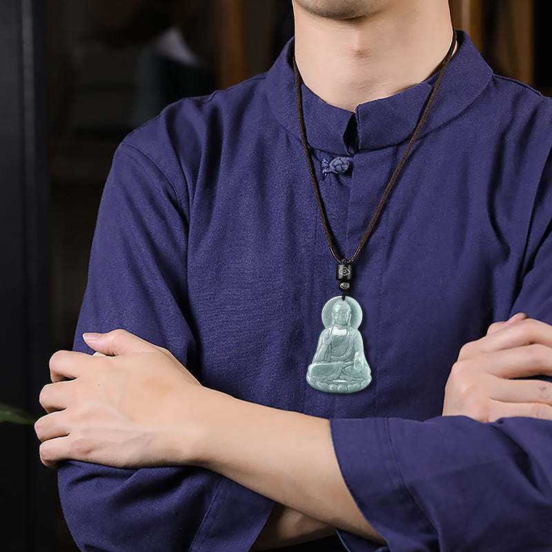 Fortune Jewel Amitabha Buddha Natural Jade Lotus Amulet Compassion String Necklace Pendant Fortune Jewel