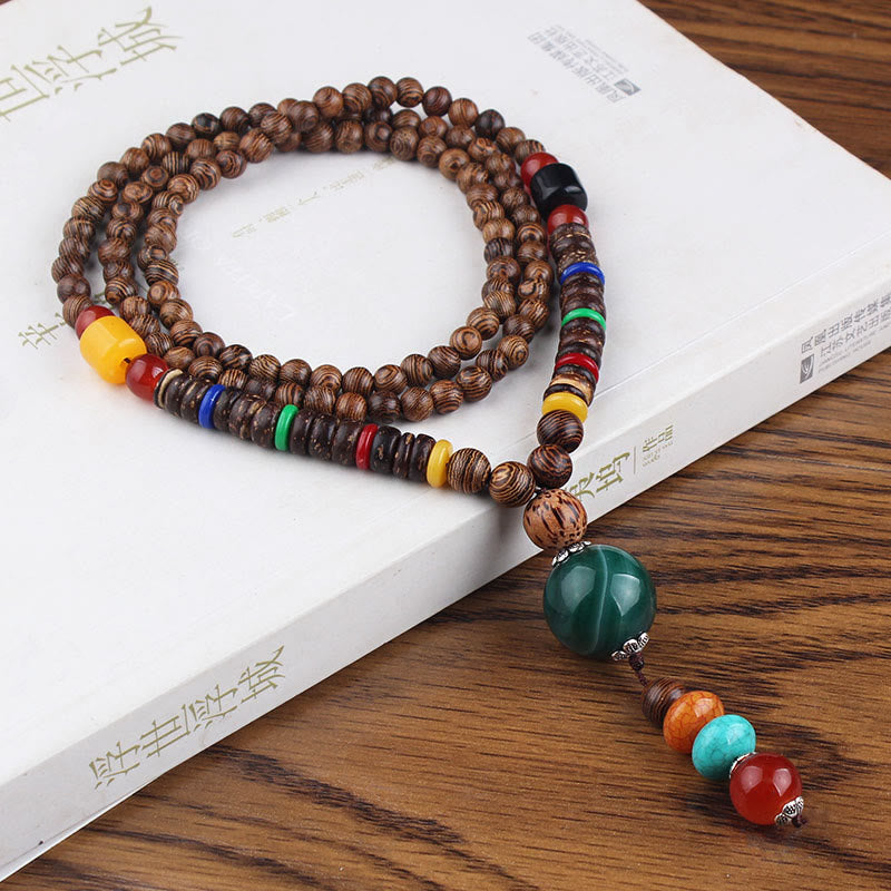 Fortune Jewel Tibetan Wenge Wood Bodhi Seed Agate Balance Peace Necklace Pendant