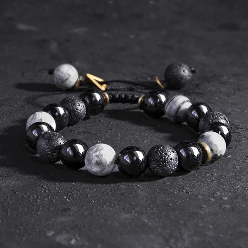 Fortune Jewel Black Obsidian Lava Rock Stone Yin Yang Strength Bracelet