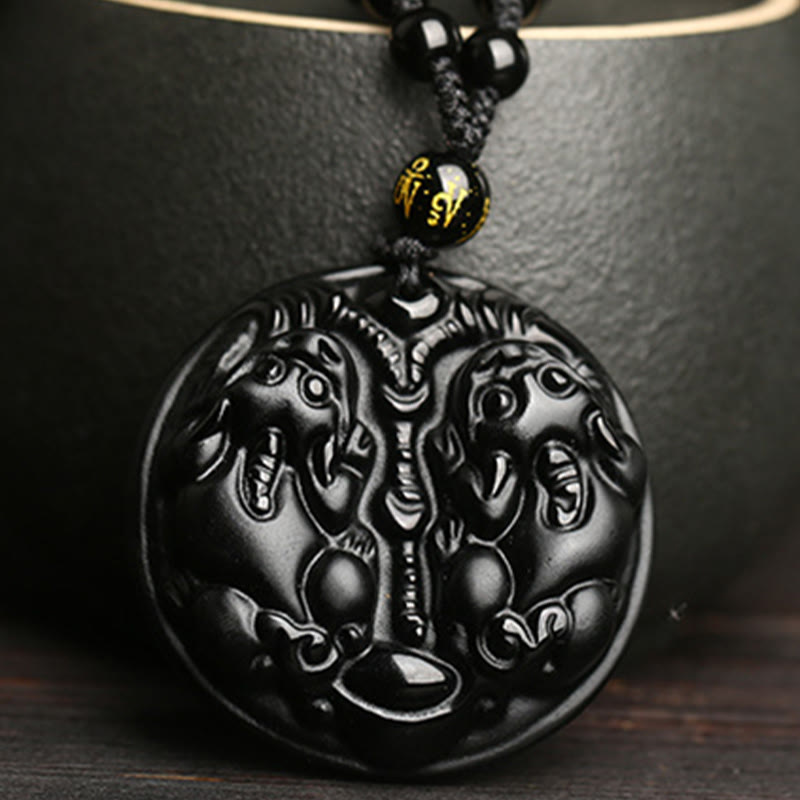 Fortune Jewel Black Obsidian Double Pixiu Bead Rope Purification Necklace Pendant