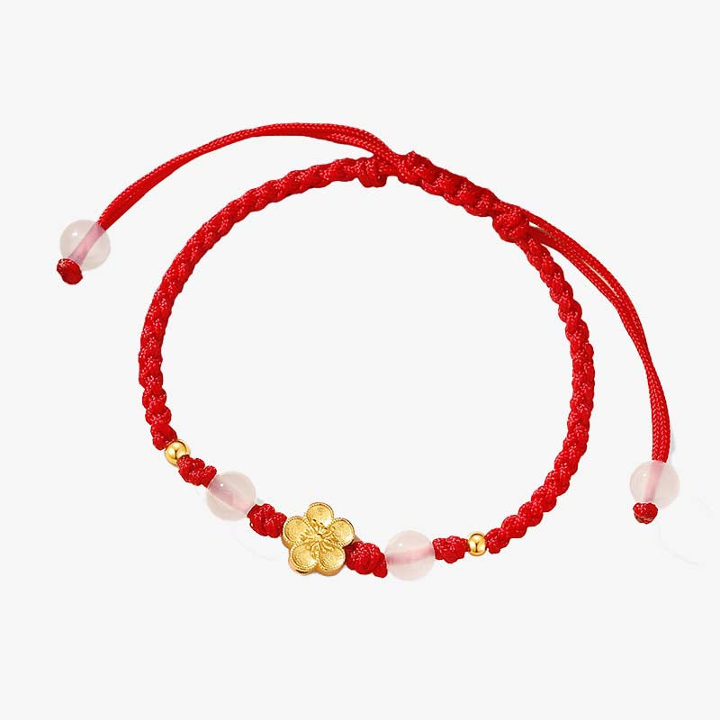 Fortune Jewel Handmade 925 Sterling Silver Peach Blossom Cherry Sakura Chalcedony Bead Luck Red Rope Bracelet
