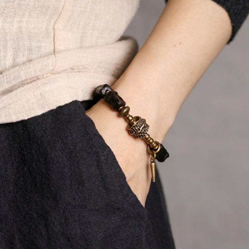 Fortune Jewel Ebony Wood Copper Balance Protection Couple Bracelet