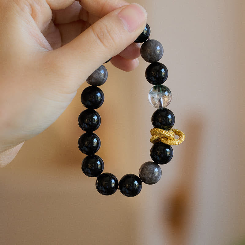 Fortune Jewel Natural Silver Sheen Obsidian Dragon Green Phantom Protection Bracelet