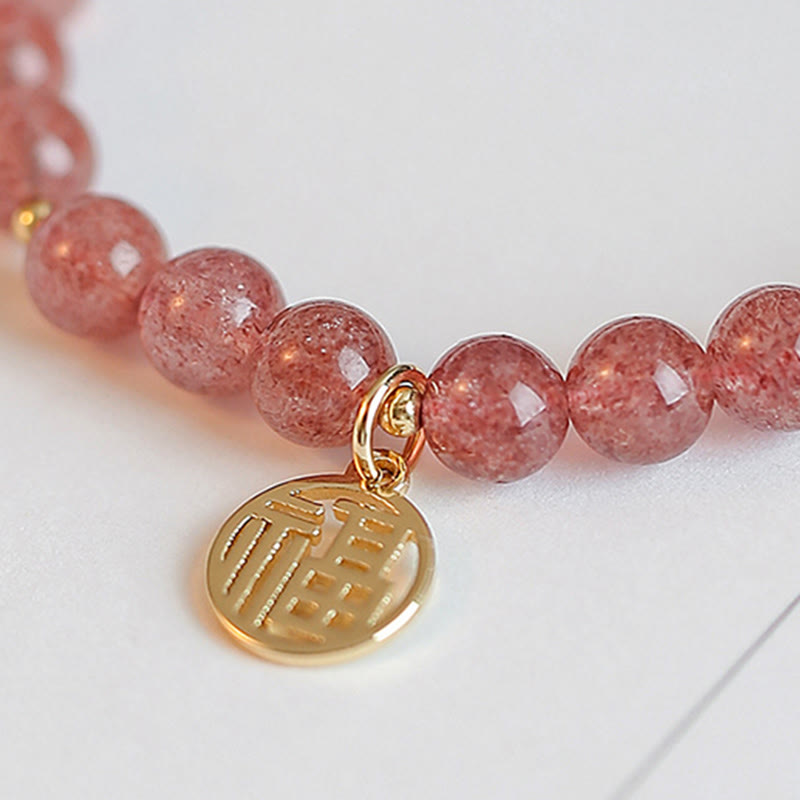 Fortune Jewel 14K Gold Plated Strawberry Quartz Fu Character Healing Charm Bracelet