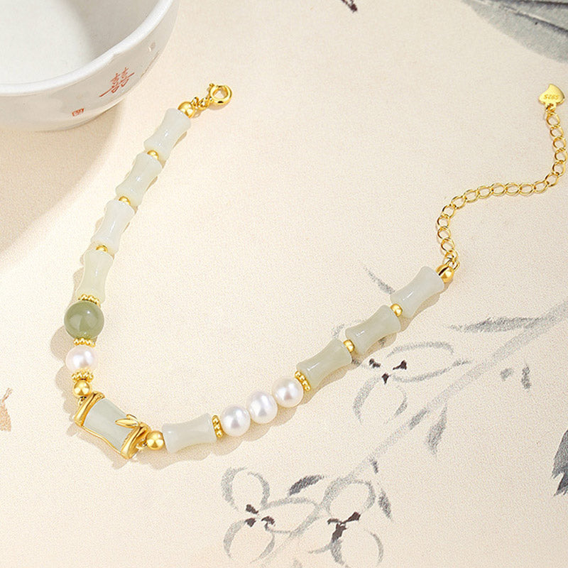 Fortune Jewel 925 Sterling Silver Natural Hetian White Jade Bamboo Luck Blessing Bracelet