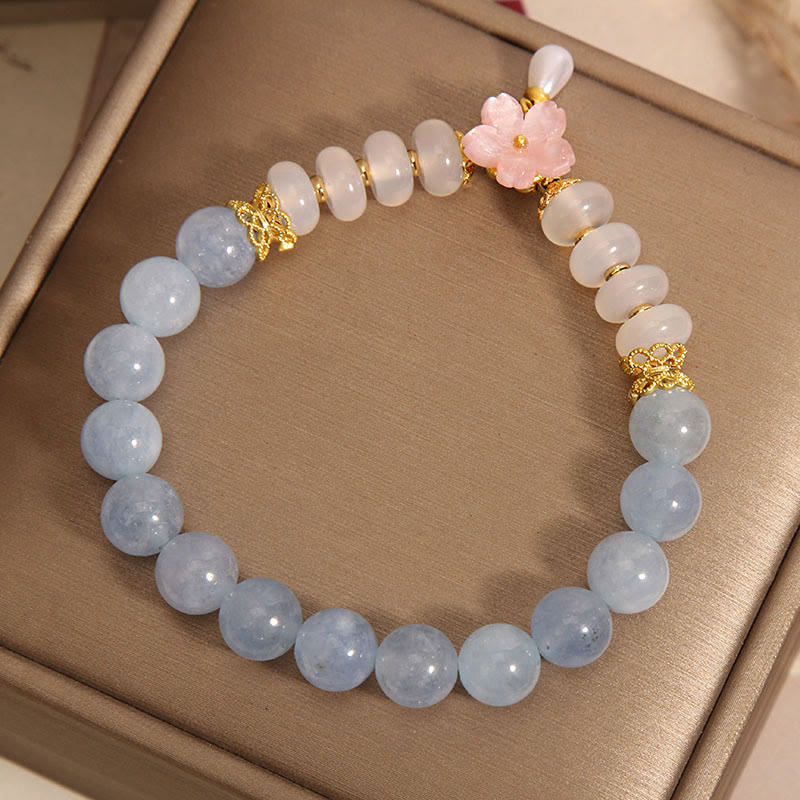 Fortune Jewel Aquamarine White Agate Pearl Abacus Beads Flower Healing Bracelet