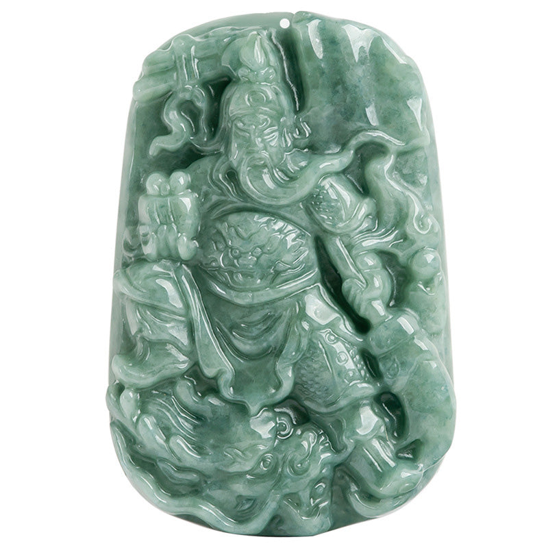 Fortune Jewel Natural Jade Guan Gong Amulet Wealth Necklace Pendant