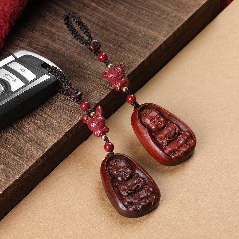 Fortune Jewel Small Leaf Red Sandalwood Buddha Cinnabar Chinese Zodiac Amulet Protection Key Chain
