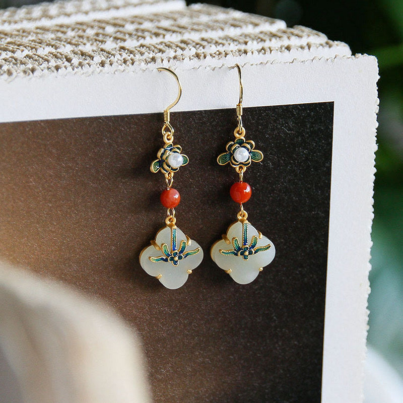 Fortune Jewel Lucky Four Leaf Clover Jade Abundance Copper Earrings