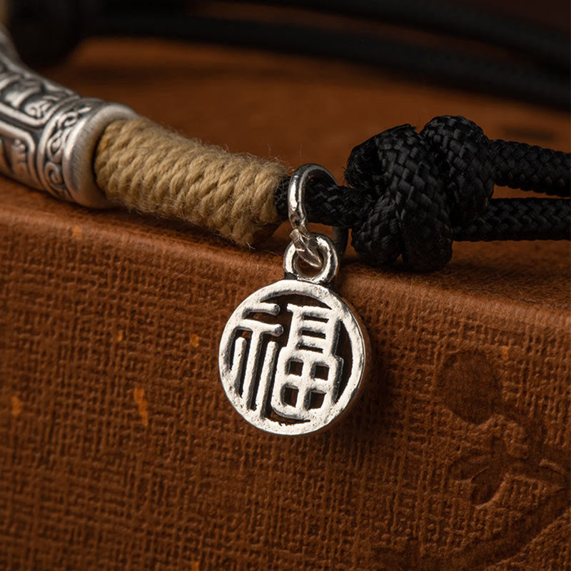 Fortune Jewel 999 Sterling Silver Tibet Handmade Om Mani Padme Hum Fu Character TopRank Character Luck Braided Bracelet