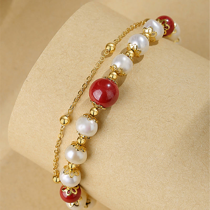 Fortune Jewel 925 Sterling Silver Pearl Cinnabar Wisdom Bead Double Layer Chain Bracelet