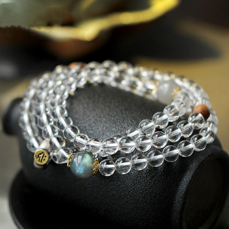 Fortune Jewel 925 Sterling Silver Chinese Zodiac Natal Buddha White Crystal Meditation Triple Wrap Bracelet