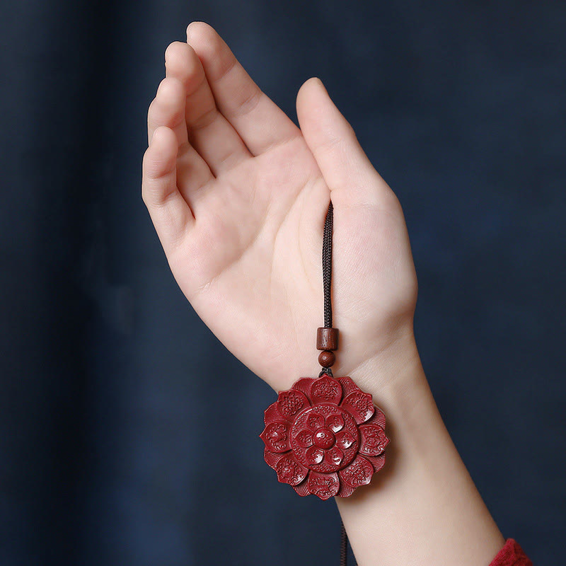 Fortune Jewel Natural Cinnabar Lotus Om Mani Padme Hum Blessing Necklace String Pendant