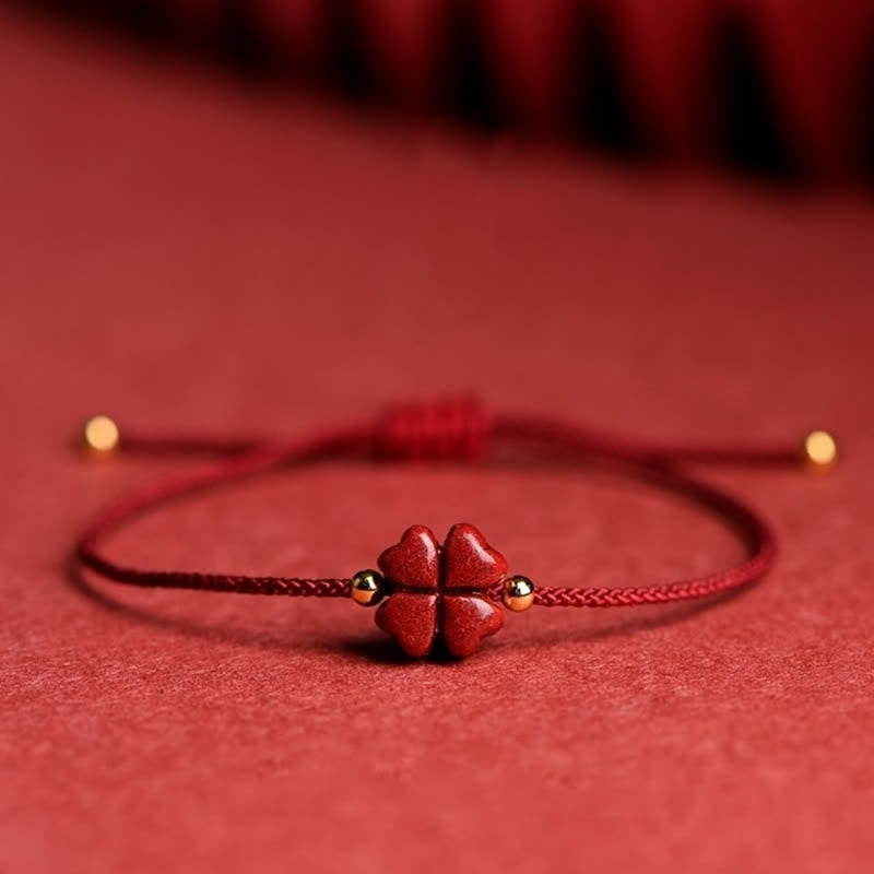 Fortune Jewel Natural Cinnabar Four Leaf Clover Blessing Red String Bracelet Anklet