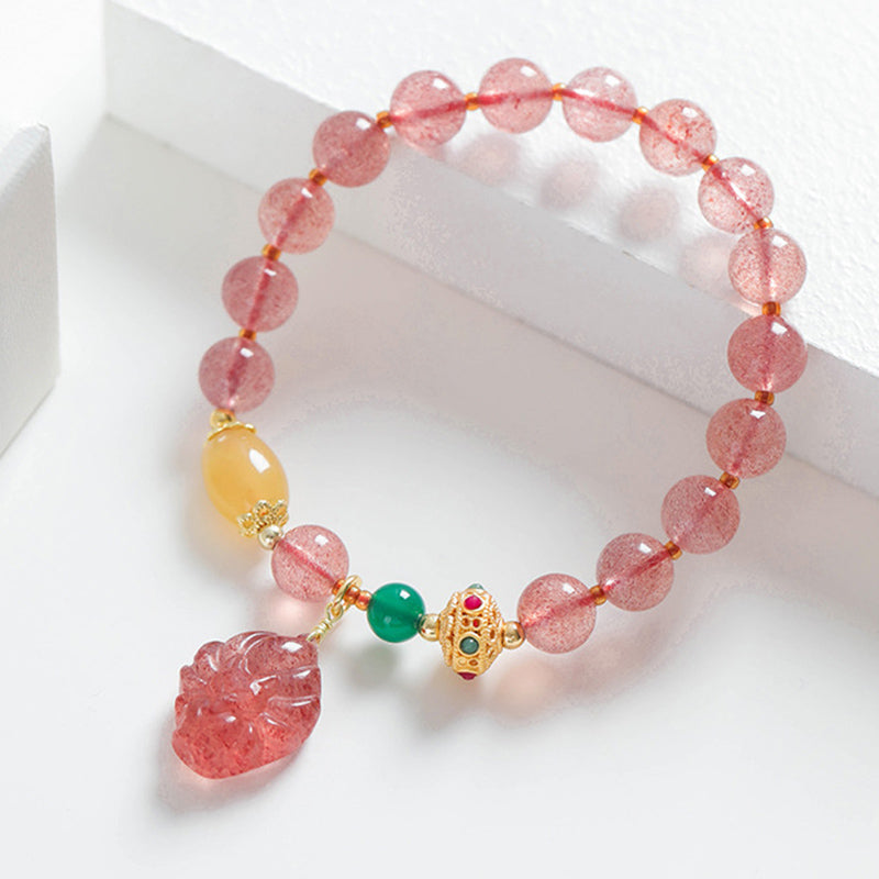 Fortune Jewel Natural Strawberry Quartz Nine Tailed Fox Healing Bracelet