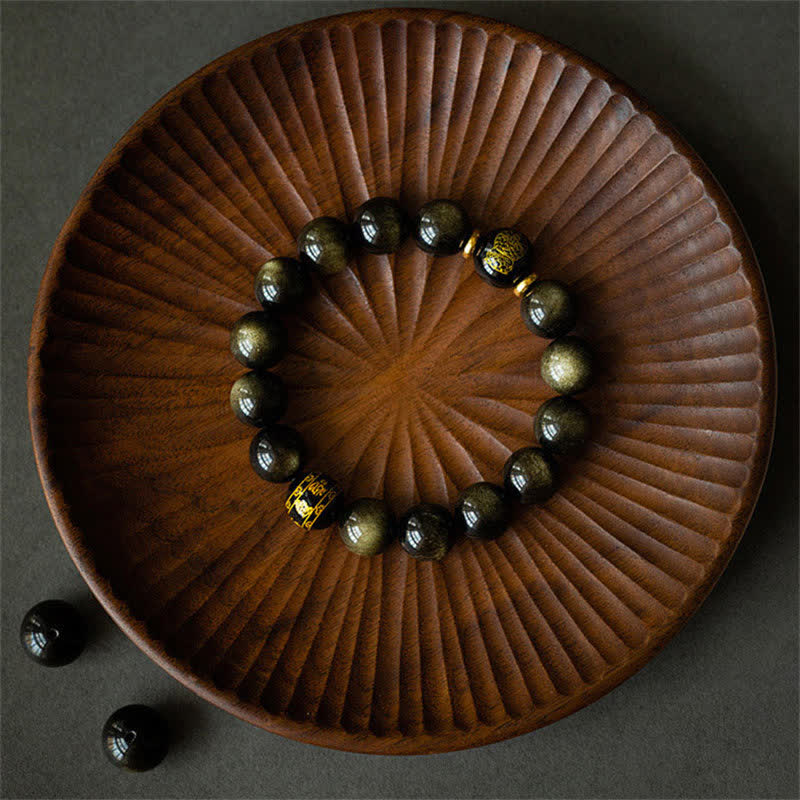 Fortune Jewel Chinese Zodiac Natal Buddha Gold Sheen Obsidian Wealth Protection Bracelet