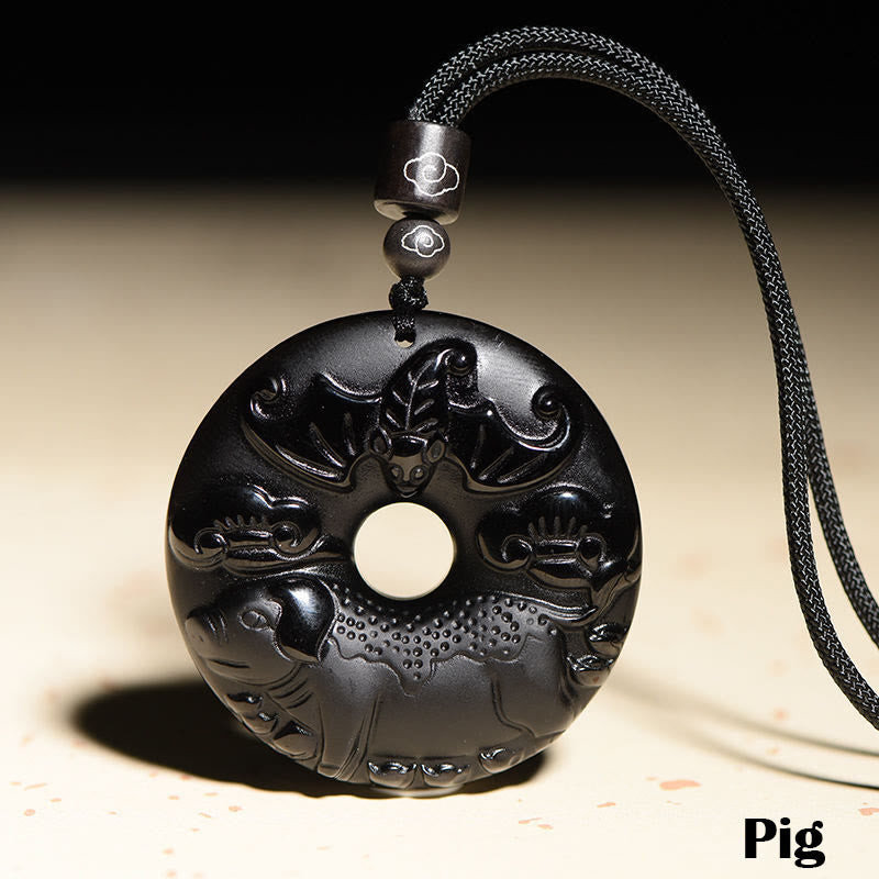 Fortune Jewel Chinese Zodiac Natural Black Obsidian Peace Buckle Strength Necklace Pendant