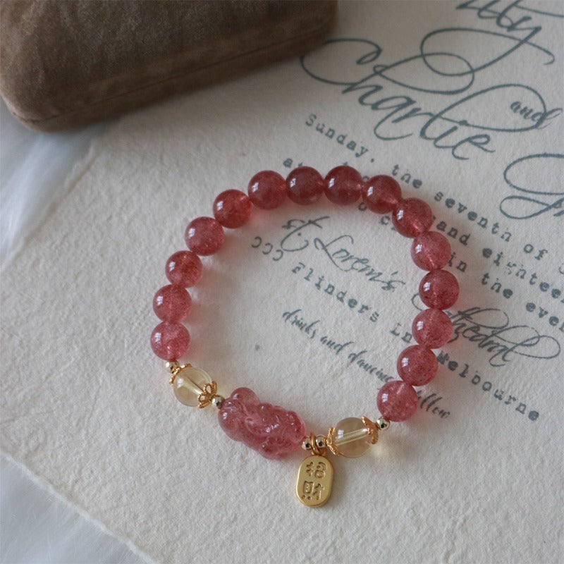 Fortune Jewel Natural Strawberry Quartz Peach Blossom PiXiu Attract Fortune Healing Bracelet