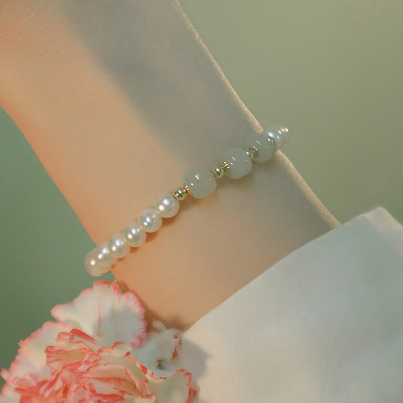 Fortune Jewel 14K Gold Plated Natural Pearl Hetian Cyan Jade White Jade Sincerity Bead Chain Bracelet