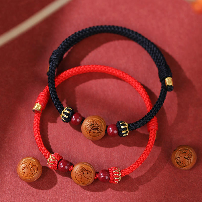 Fortune Jewel Natural Peach Wood Chinese Zodiac Fu Character Carved Cinnabar Wealth Bracelet