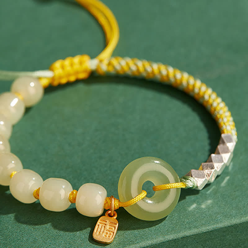 Fortune Jewel 925 Sterling Silver Hetian Jade Peace Buckle Beaded Luck Happiness Charm Bracelet