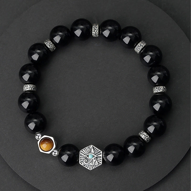 Fortune Jewel 925 Sterling Silver Black Obsidian Tiger Eye Eye of Providence Purification Bracelet