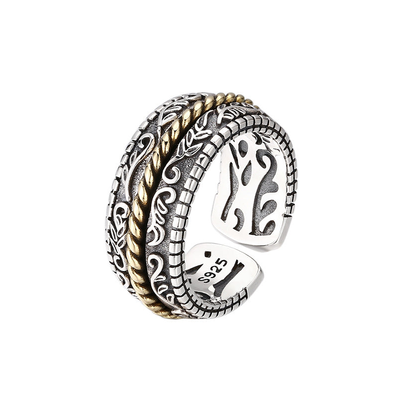 Fortune Jewel 925 Sterling Silver Tang Dynasty Flower Design Luck Adjustable Ring