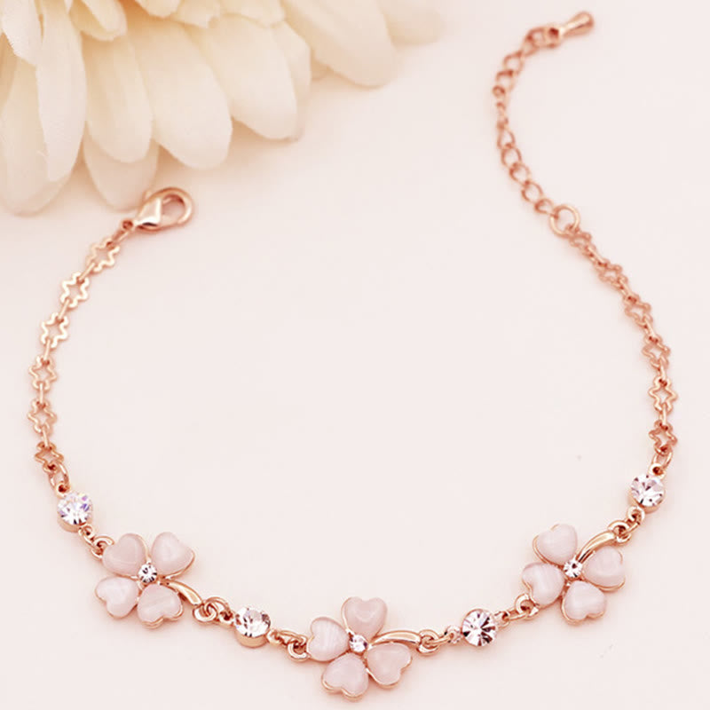 Fortune Jewel Pink Crystal Four Leaf Clover Love Chain Bracelet