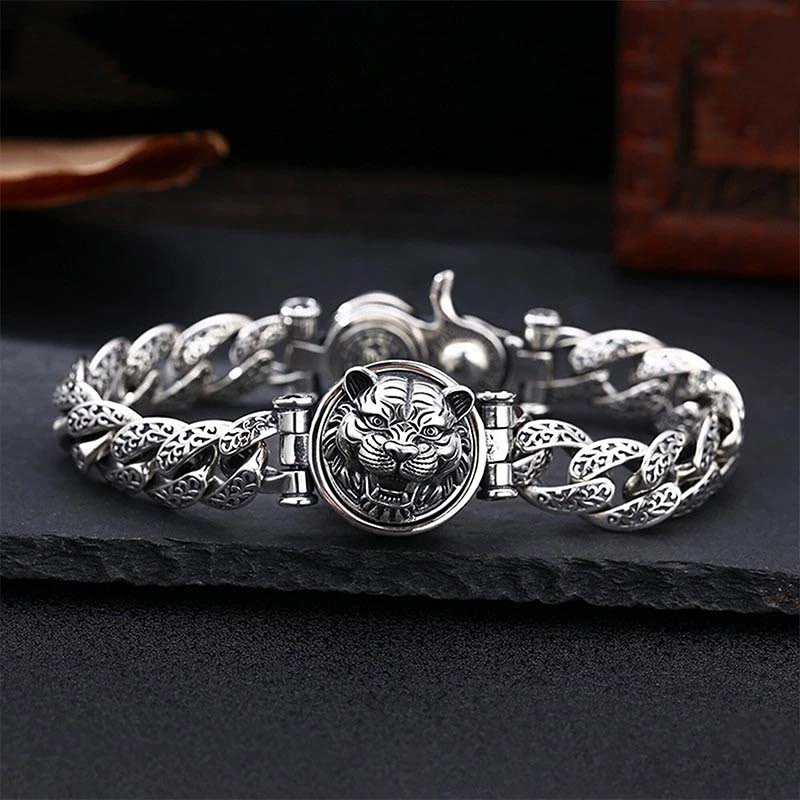 Fortune Jewel Tiger Tang Dynasty Flower Design Engraved Luck Energy Bracelet