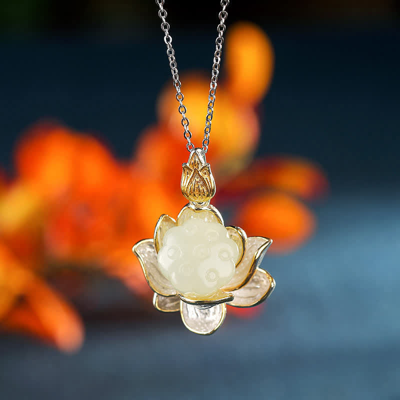 Fortune Jewel White Jade Lotus Flower Happiness Necklace Fortune Jewel