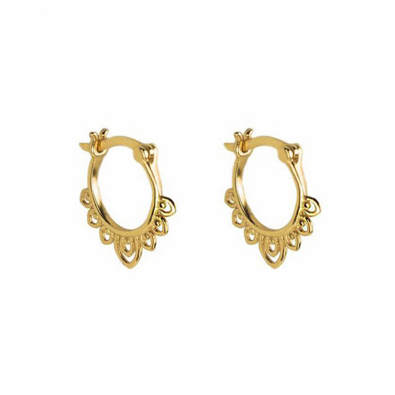 Fortune Jewel Round Lotus Flower Pattern Luck Hoop Earrings