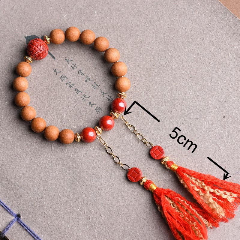 Fortune Jewel Tibetan Natural Peach Wood Cinnabar PiXiu Wealth Tassels Bracelet
