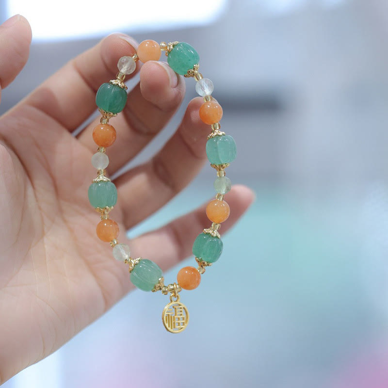 Fortune Jewel Natural Golden Silk Jade Pumpkin Bead Fu Character Charm Wealth Bracelet