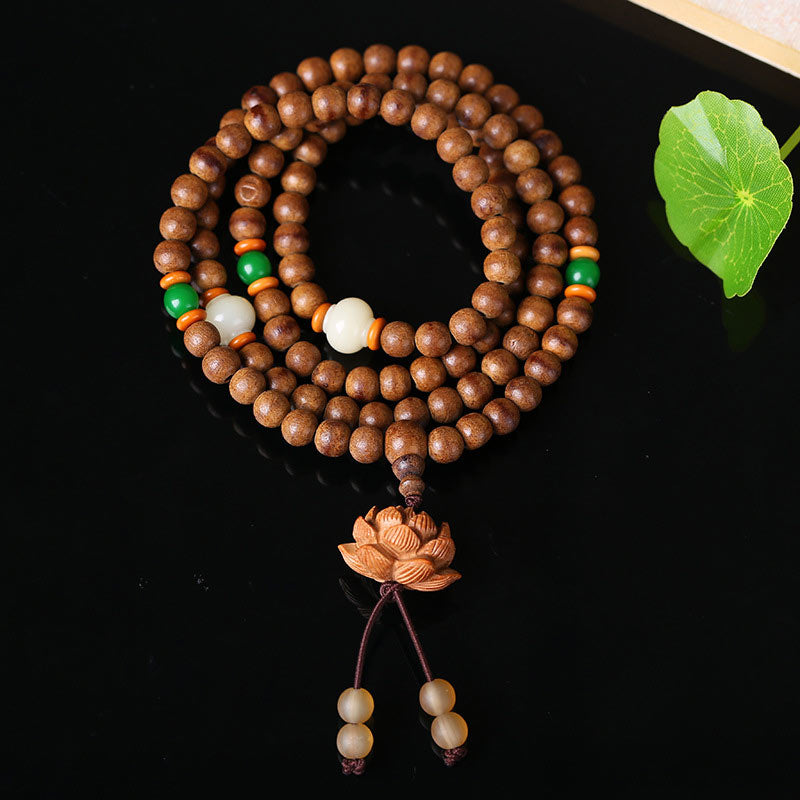 Fortune Jewel 108 Mala Beads Peach Wood Bodhi Seed Lotus Prayer Meditation Bracelet