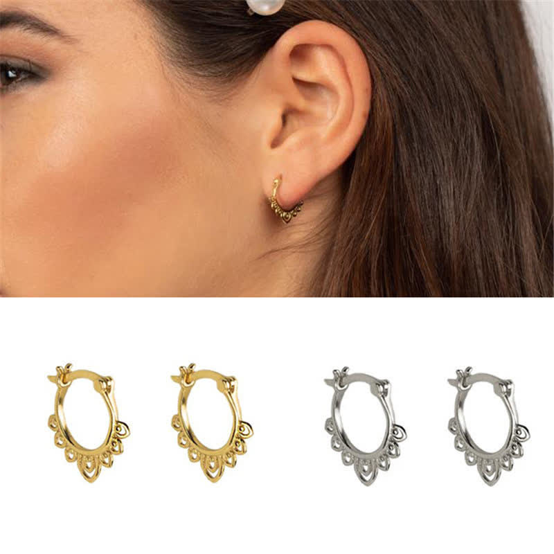 Fortune Jewel Round Lotus Flower Pattern Luck Hoop Earrings