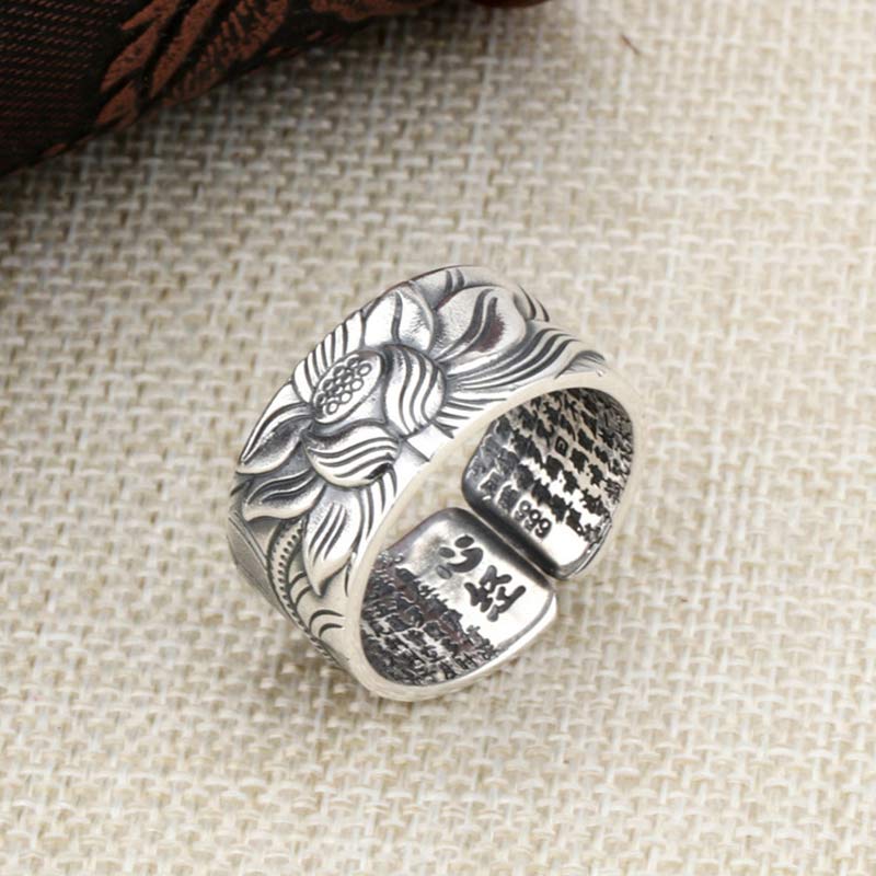 Fortune Jewel 999 Sterling Silver Lotus Symbol Heart Sutra Protection Ring Fortune Jewel