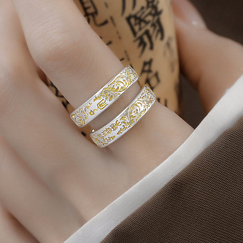 Fortune Jewel Peace and Joy Tang Dynasty Flower Design Lotus Heart Sutra Carved Copper Luck Adjustable Ring